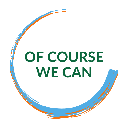 Blue and orange circle swish with the words Of Course We Can in the middle.
