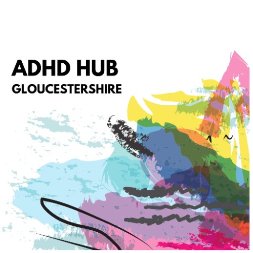 Modern art style painting that is messy yet beautiful. The colours gently mix, pink, yellow, blue, green, cerise, lavender and black lines and squiggles emerging from the centre. The words ADHD HUB Gloucestershire in black top left. ADHD - Gloucestershire Support