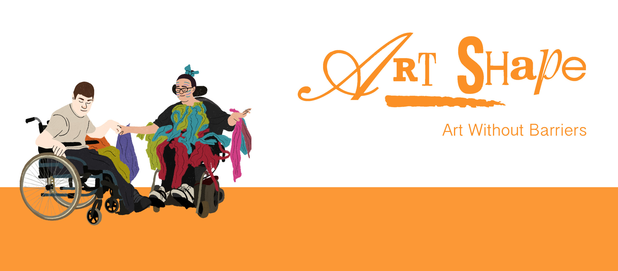 Banner with illustration of two participants in wheelchairs dancing together