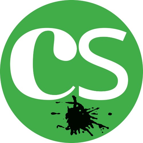 a green circle with white letters C and S with a black ink blob
