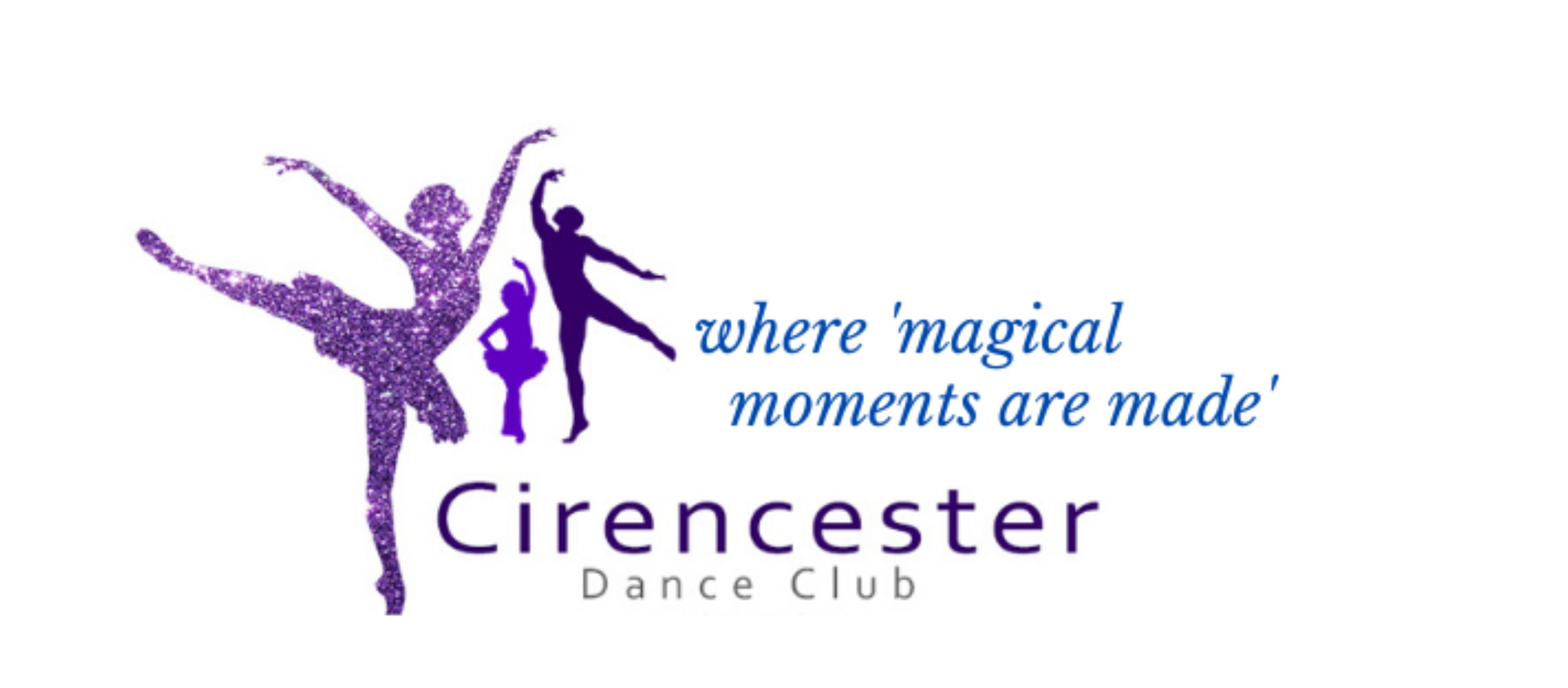 Shows a adult lady and adult man dancing with a child dancer between them, all in shades of purple.  Words read Cirencester Dance Club where magical moments are made