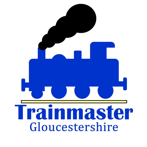 A blue silhouette of a train with text underneath saying Trainmaster Gloucestershire