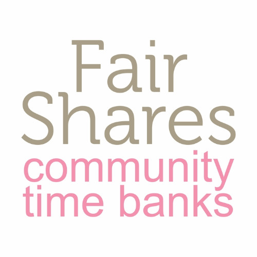 The 'Fair Shares' Logo. 'Fair Shares' is in brown with 'community time banks' in pink below it
