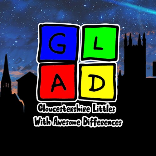 Glad parents logo, 4 coloured building blocks spelling glad in front of a gloucester skyline