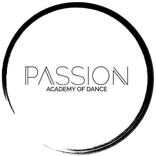 Text saying Passion Academy of Dance inside a black circle
