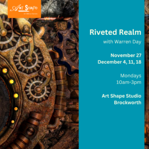 This is a course poster for Riveted Realm. The blue strip has the course details. The photograph is of a fantasy steampunk scenario with large brass cogs and rivets. 