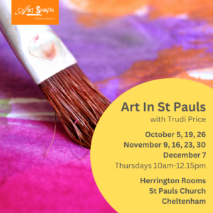 A poster for Art in St Paul's. The background shows a paintbrush sweeping across a vbrant painting with pinks, purple and orange colours. In the right corner is a yellow circle with details of the course which are described below.