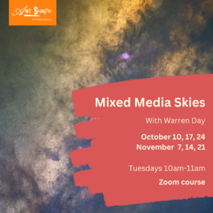 Poster for mixed media skies. The course information in in the red paint splash. The background photo of is a paintery sky in dark moody hues of blues and greys
