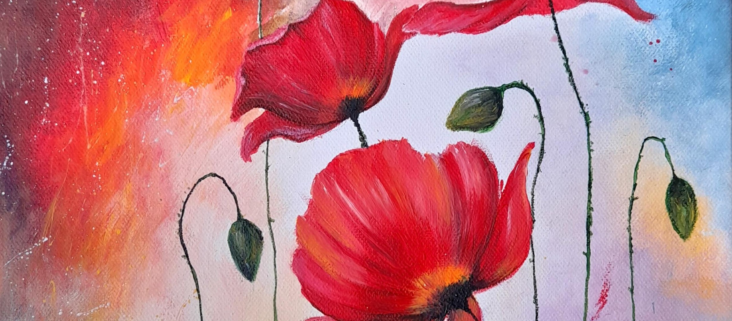An acrylic painting of red poppies
