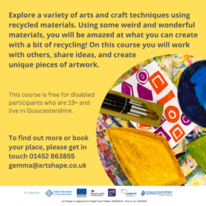 More course information for Scrap Art on a yellow square. The photograph illustrates what participants might expect to do. There are various bits of colourful scrap paper waiting to be turned into something new, and some paintbrushes