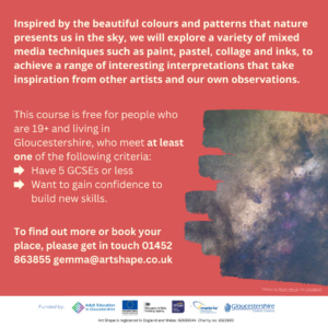 Poster for mixed media skies. The course information in in the red background. The photo in the right hand corner is a paintery sky in dark moody hues of blues and greys
