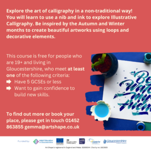 Poster for Illustrative Calligraphy. The course information is in the red square. The small photo shows a beautiful example of handwritten calligraphy in blue tones