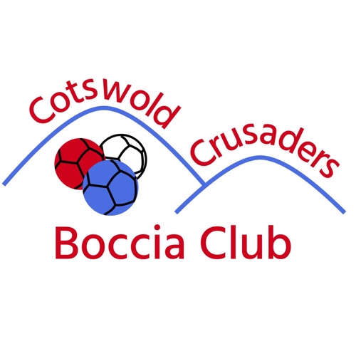 Three boccia balls, one red, one white, one blue grouped under a blue line drawing of a hill, next to a smaller line drawn hill with the words Cotswold and Crusaders curving over the top of each hill in red text and the words Boccia Club under the picture in red text