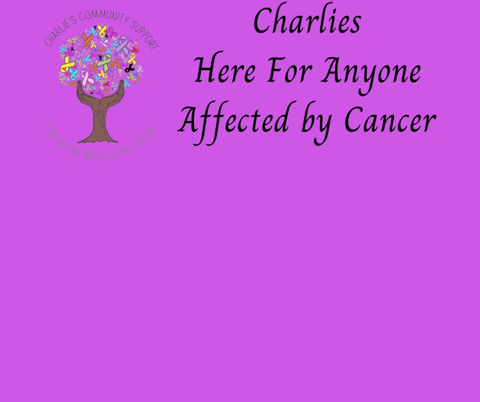 purple banner with tree logo and wording Charlies Here For Anyone Affected by Cancer