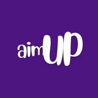 aim up logo, white words on purple background