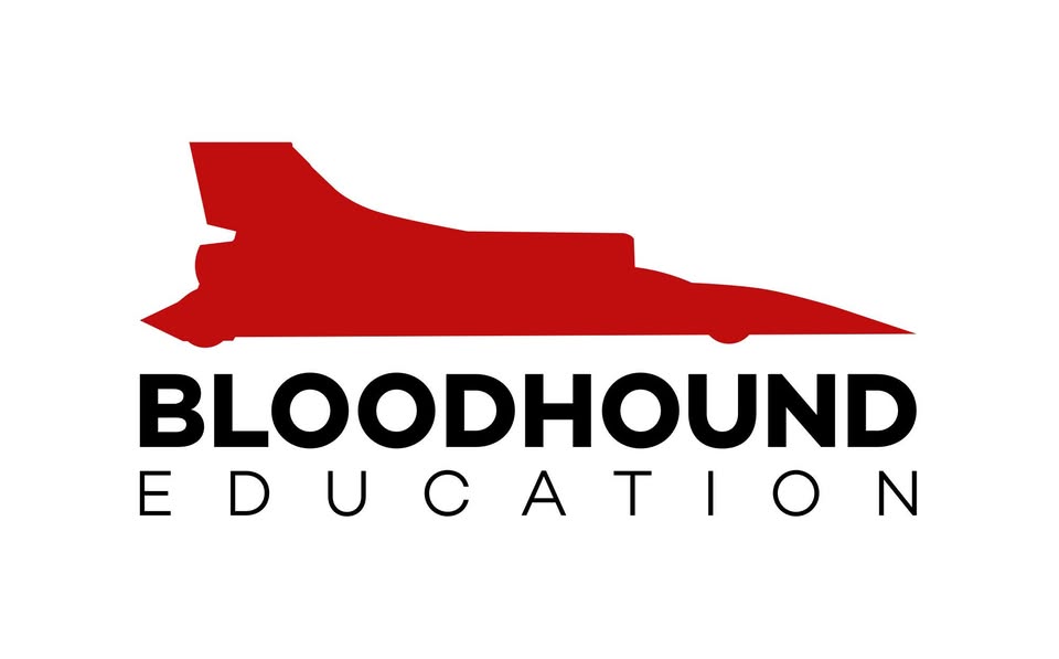 Bloodhound logo, red bloodhound car with black text reading BLOODHOUND EDUCATION