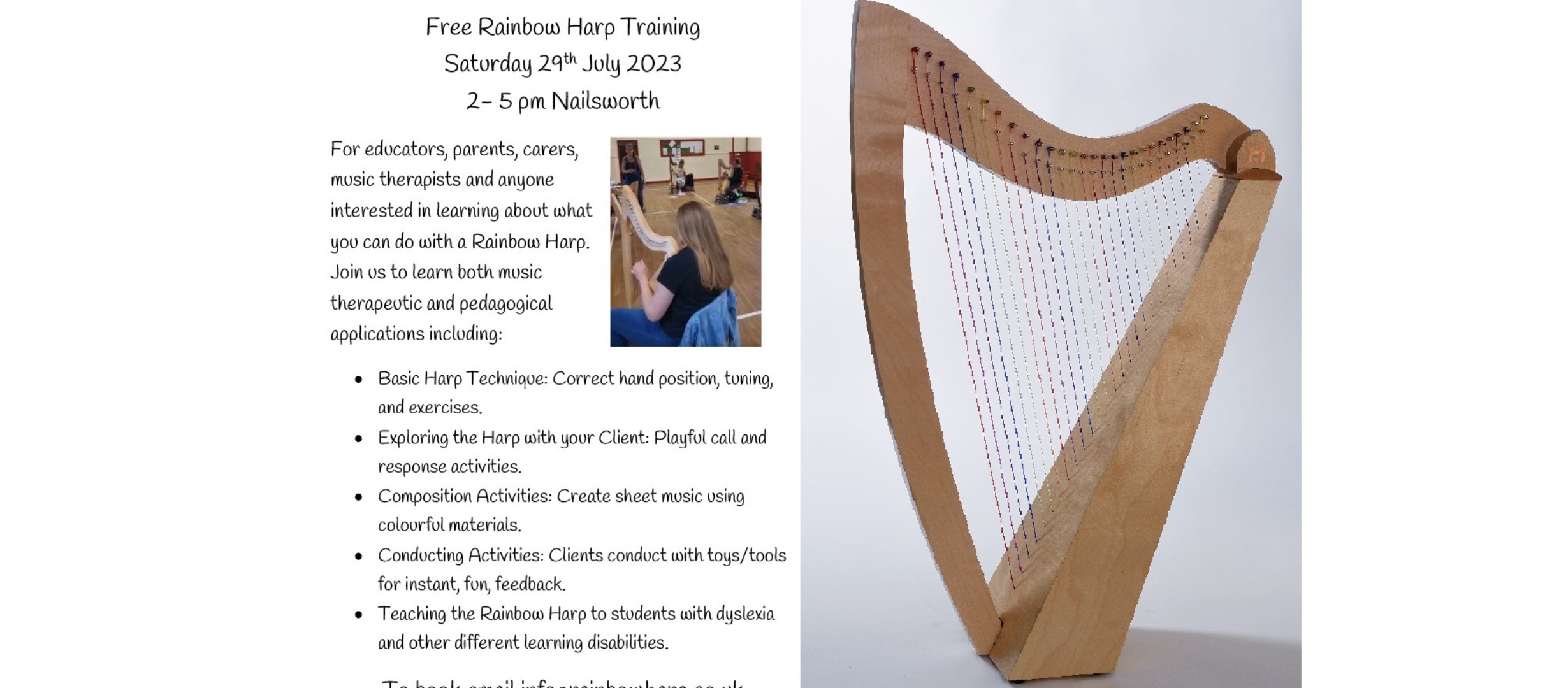 For educators, parents, carers, music therapists and anyone who wants to learn about the Rainbow Harp. Learn both music therapeutic and pedagogical applications including • Basic Harp Technique: Correct hand position, tuning, and exercises • Exploring the Harp with your Client: Playful call and response activities • Composition Activities: Create sheet music using colourful materials • Conducting: Clients conduct with toys/tools for instant feedback • Teaching Rainbow Harp to students with dyslexia