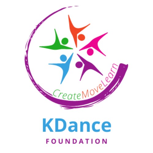 Purple semi circle, with 5 graphics of bodies of different colours leaning into a middle point. Text on semi circle says Create Move Learn and the text below the logo says KDance Foundation.