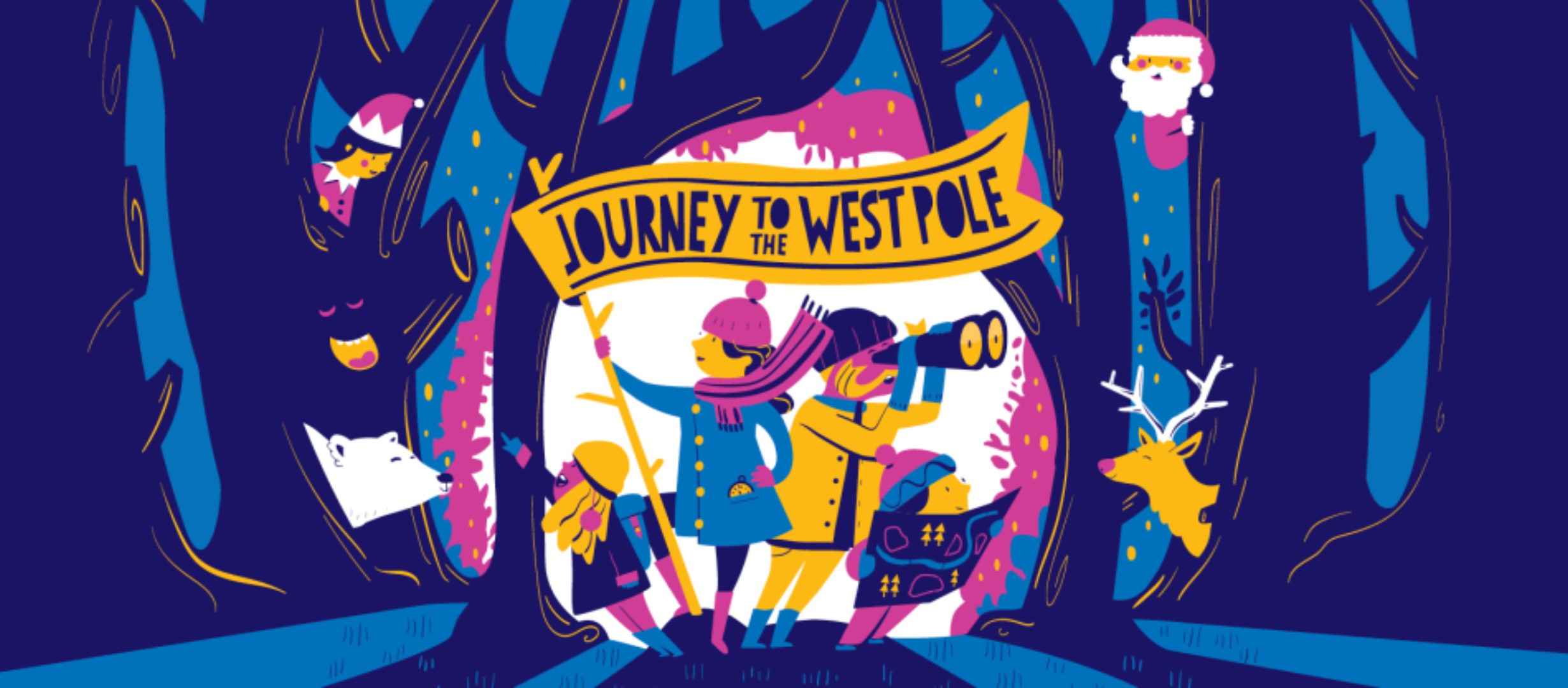 text reads 'Journey to the west pole'. cartoon image of a family exploring