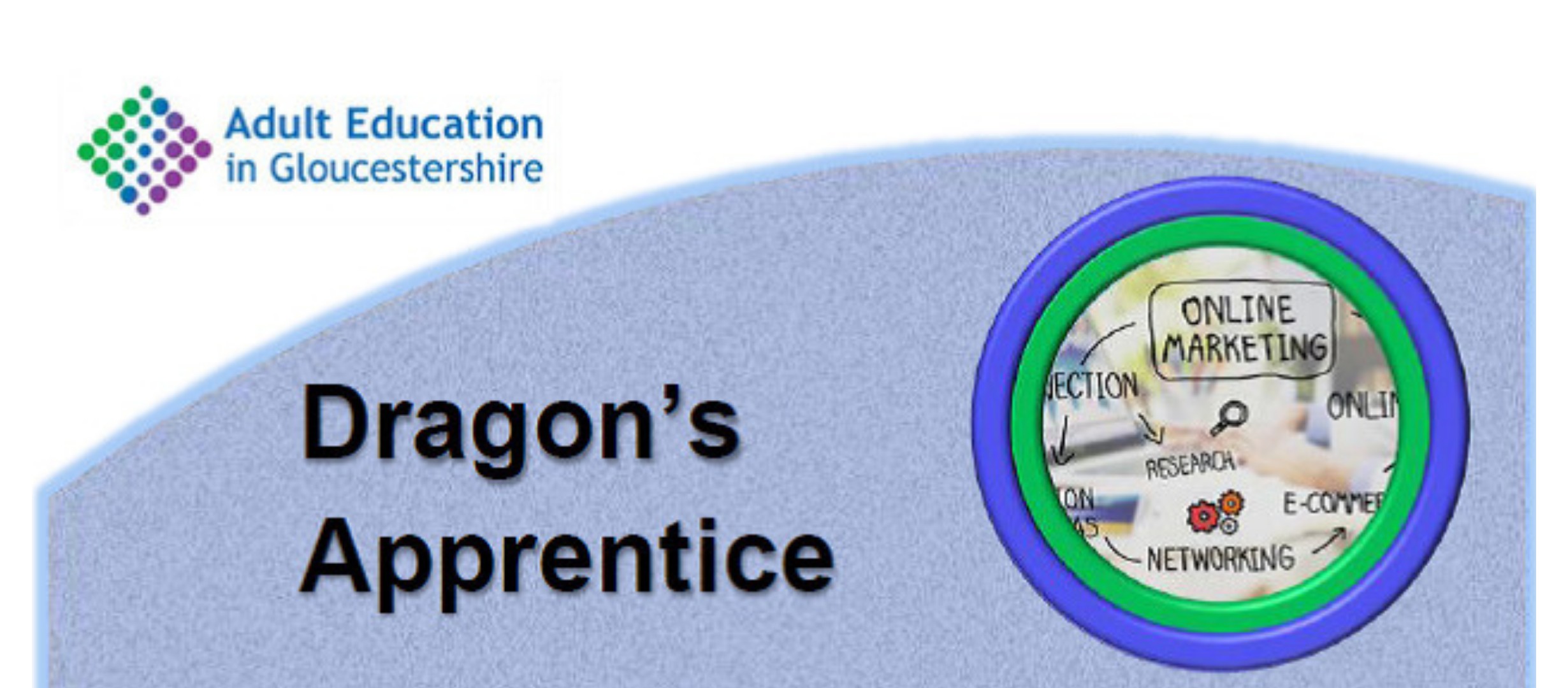 Adult education logo, text 'Dragon's apprentice' more text 'online marketing, research, networking'