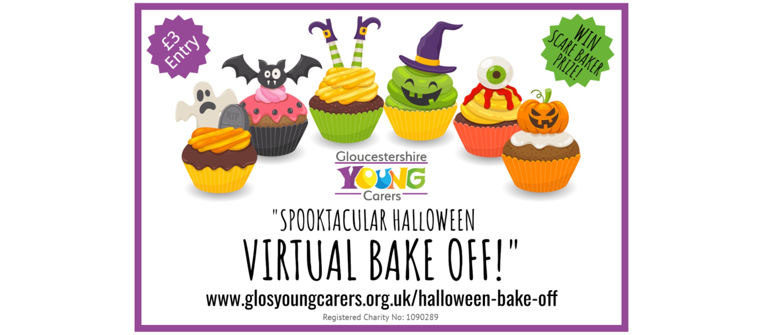 cupcakes, glos young carers logo, text reads 'spooktakular virtual bake-off! www.glosyoungcarers.org.uk/halloween-bake-off'