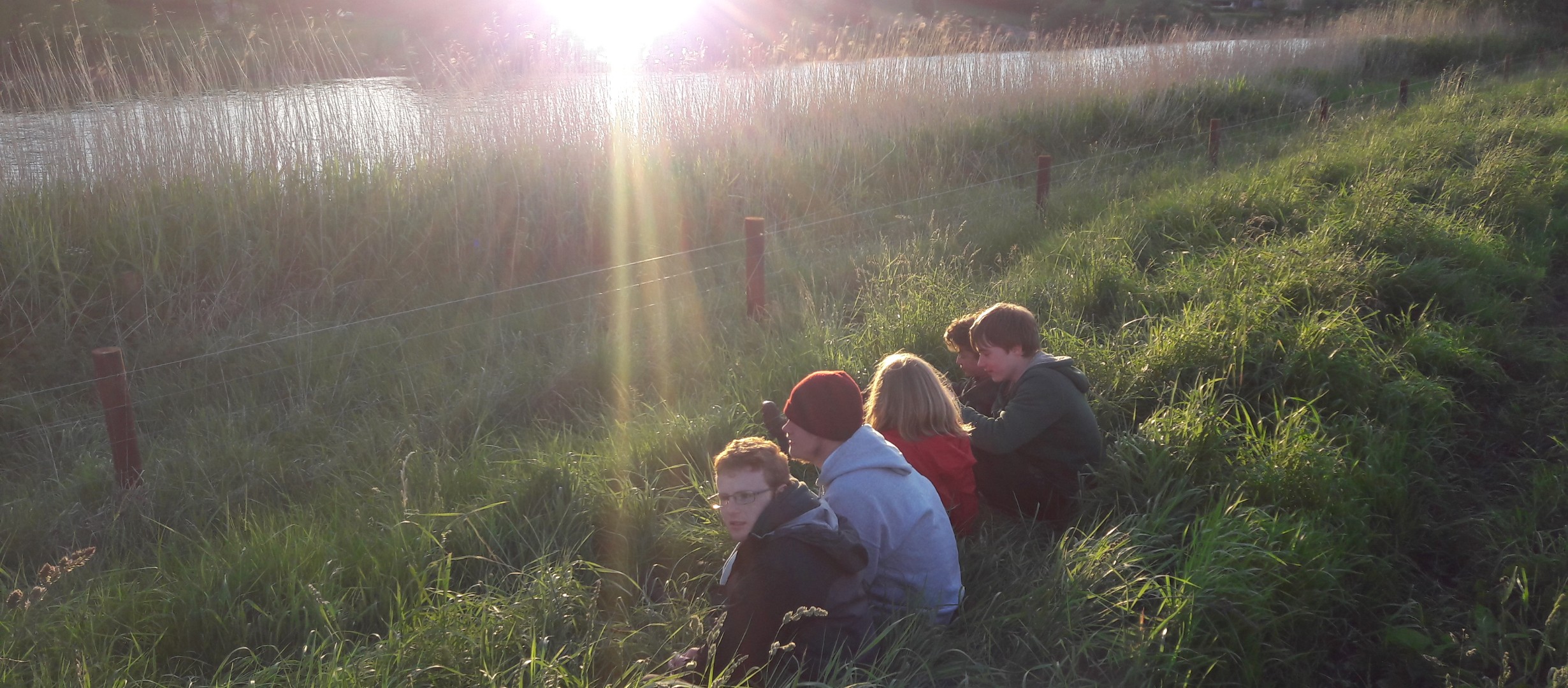 Four young people sat in a line together on long grass in the foreground, overlooking a river reflecting a low sun in the background