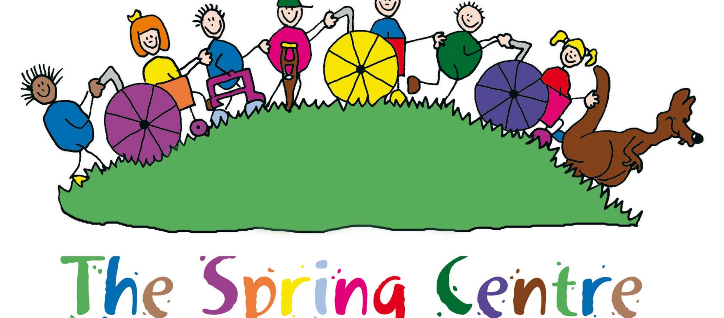 Spring centre logo of a green hill with cartoon people in bright colours, some in wheelchairs, plus a kangaroo