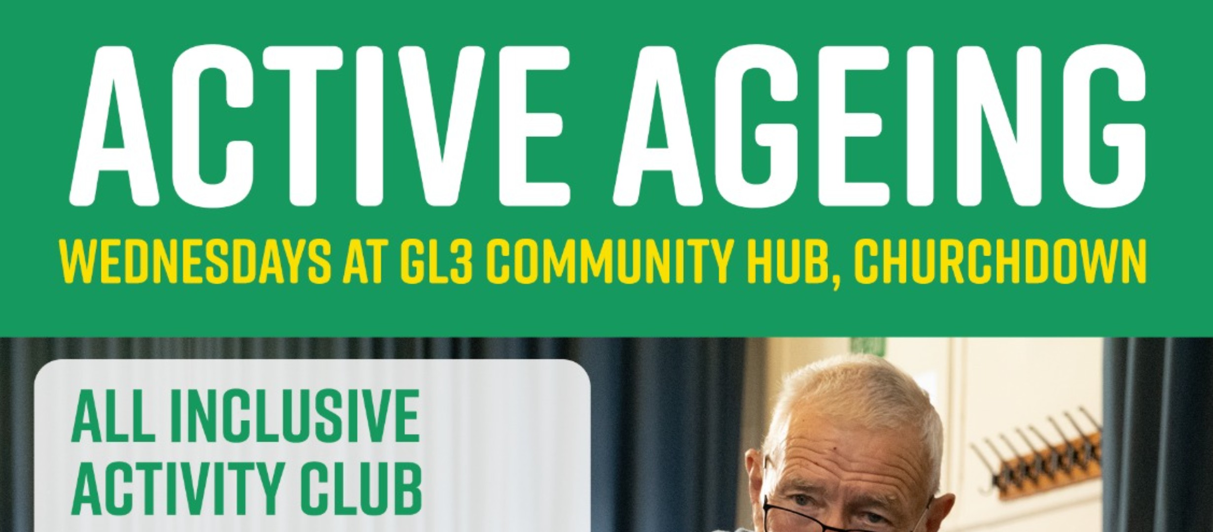 Top of the leaflet: ACTIVE AGEING, Wednesdays at GL3 community hub, Churchdown