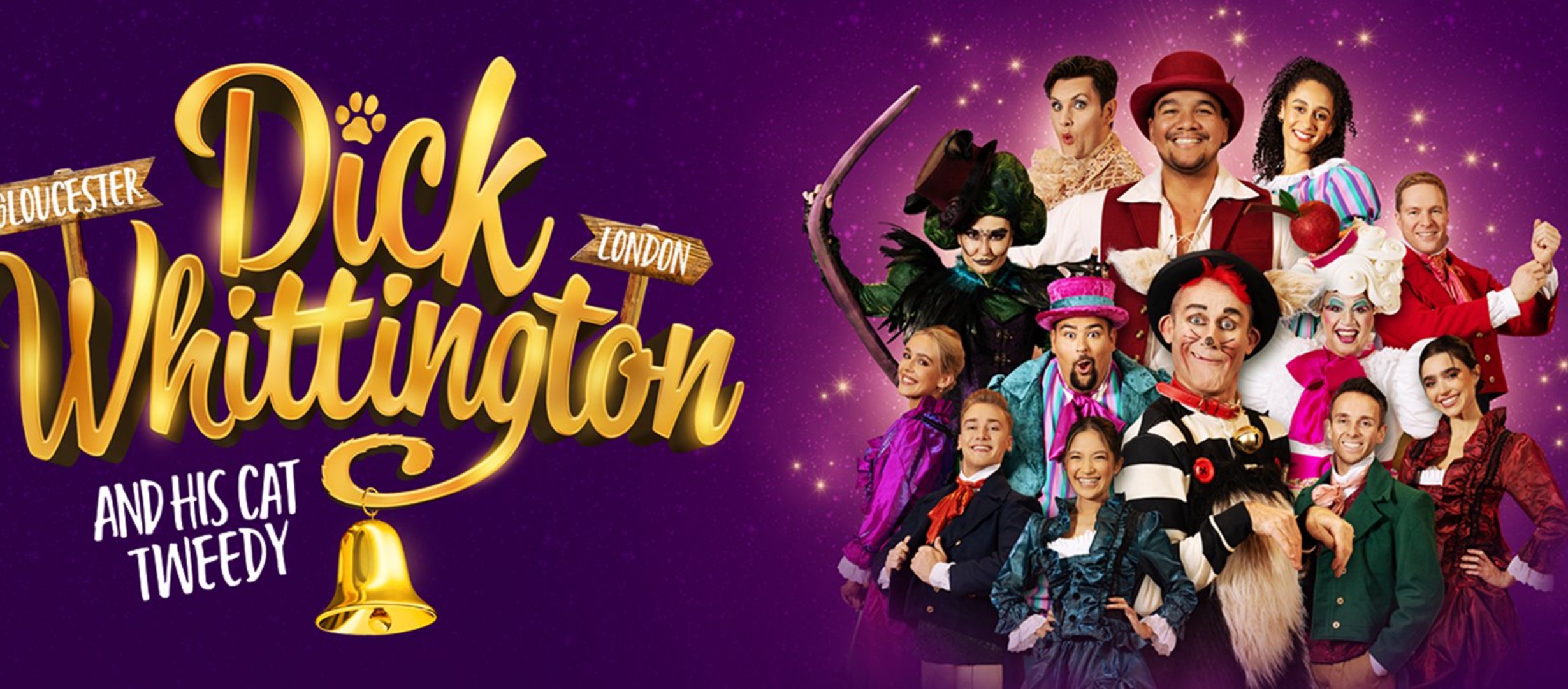 image of whole cast, text reads 'Dick whittington and his cat Tweedy' with road signs for Gloucester and London