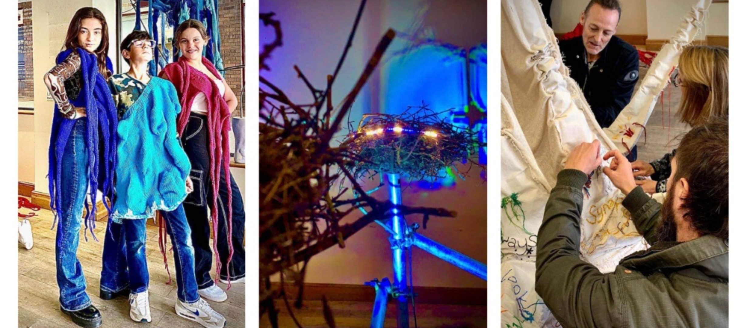 3 photos: people wearing crafted garments; nest of twigs with lights, people stitching onto canvas