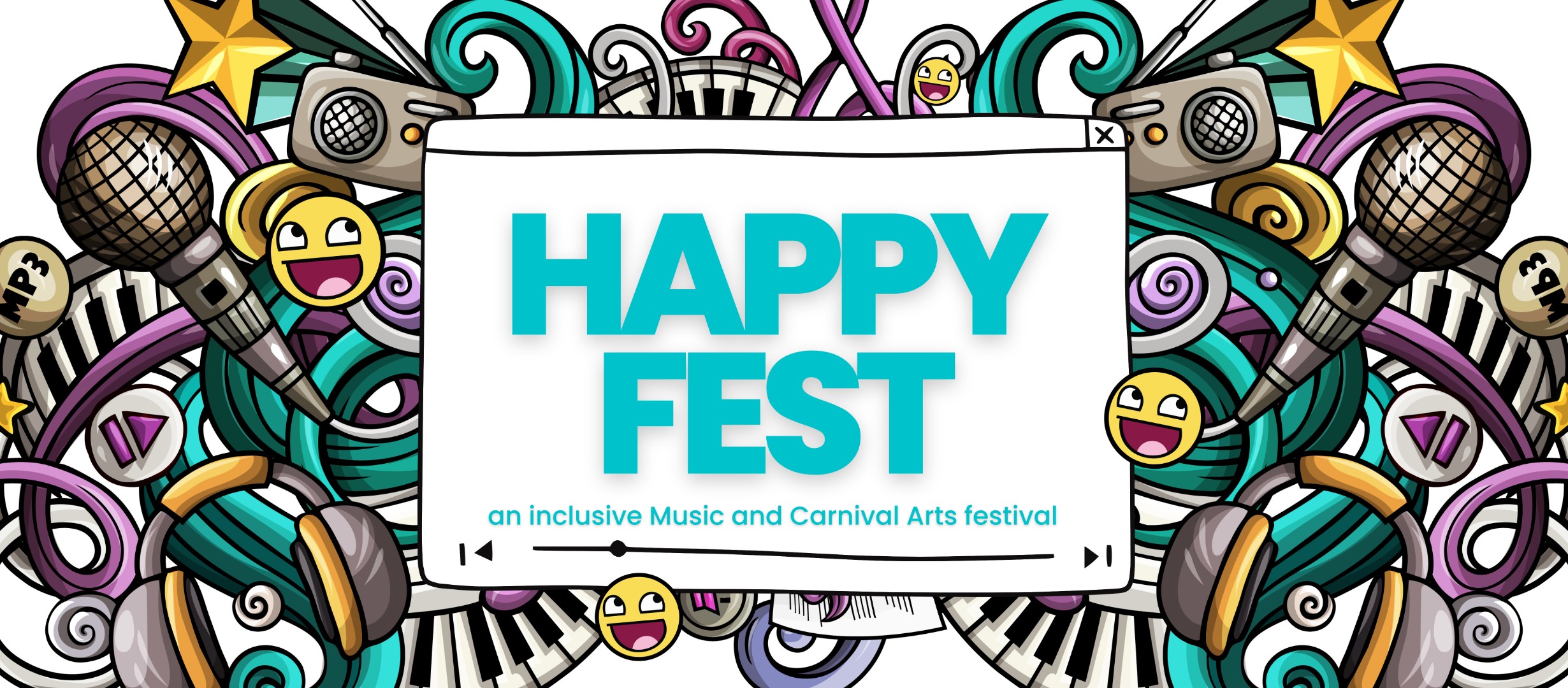This image is full of colour, showing mirophones, keyboards, speakers , headphones and happy faces - sharing the title of this event: HappyFest