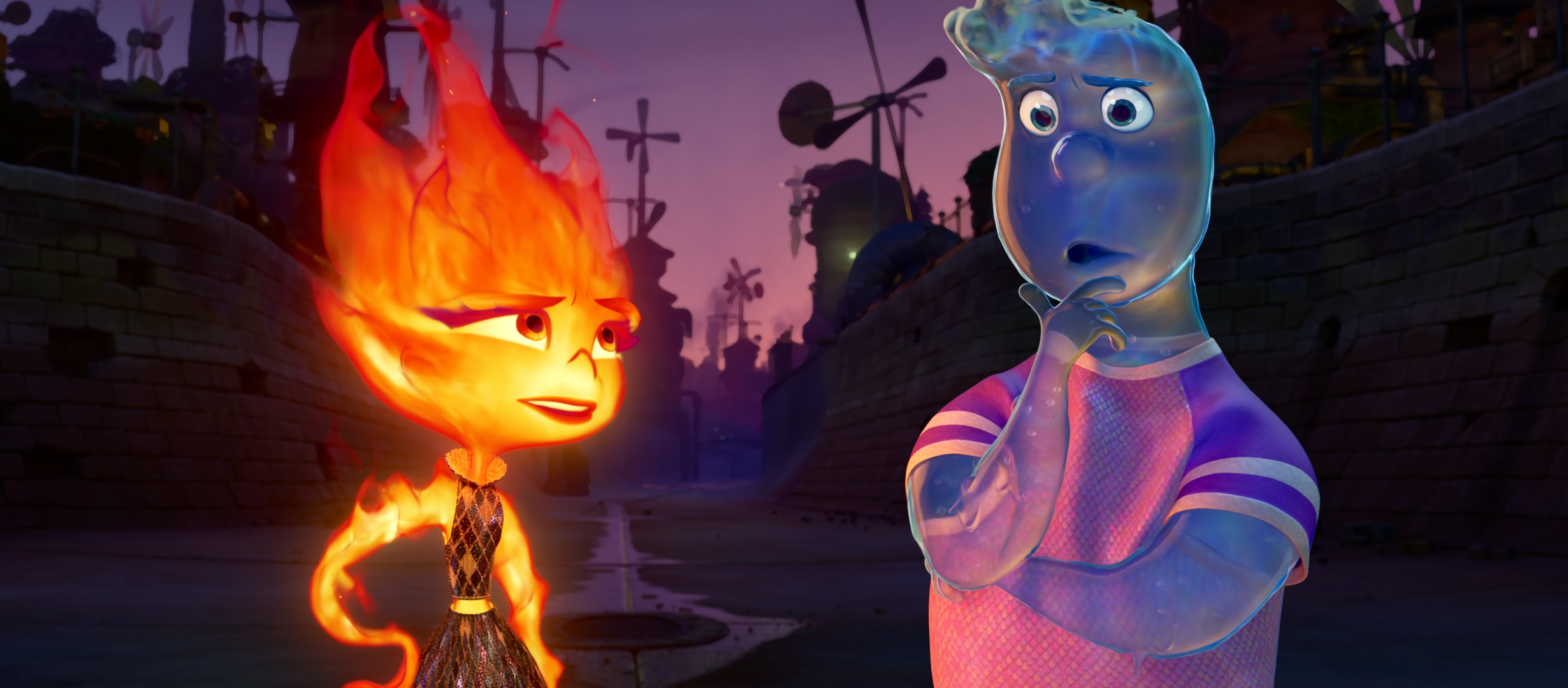 An animated fire element girl and water element boy having a conversation
