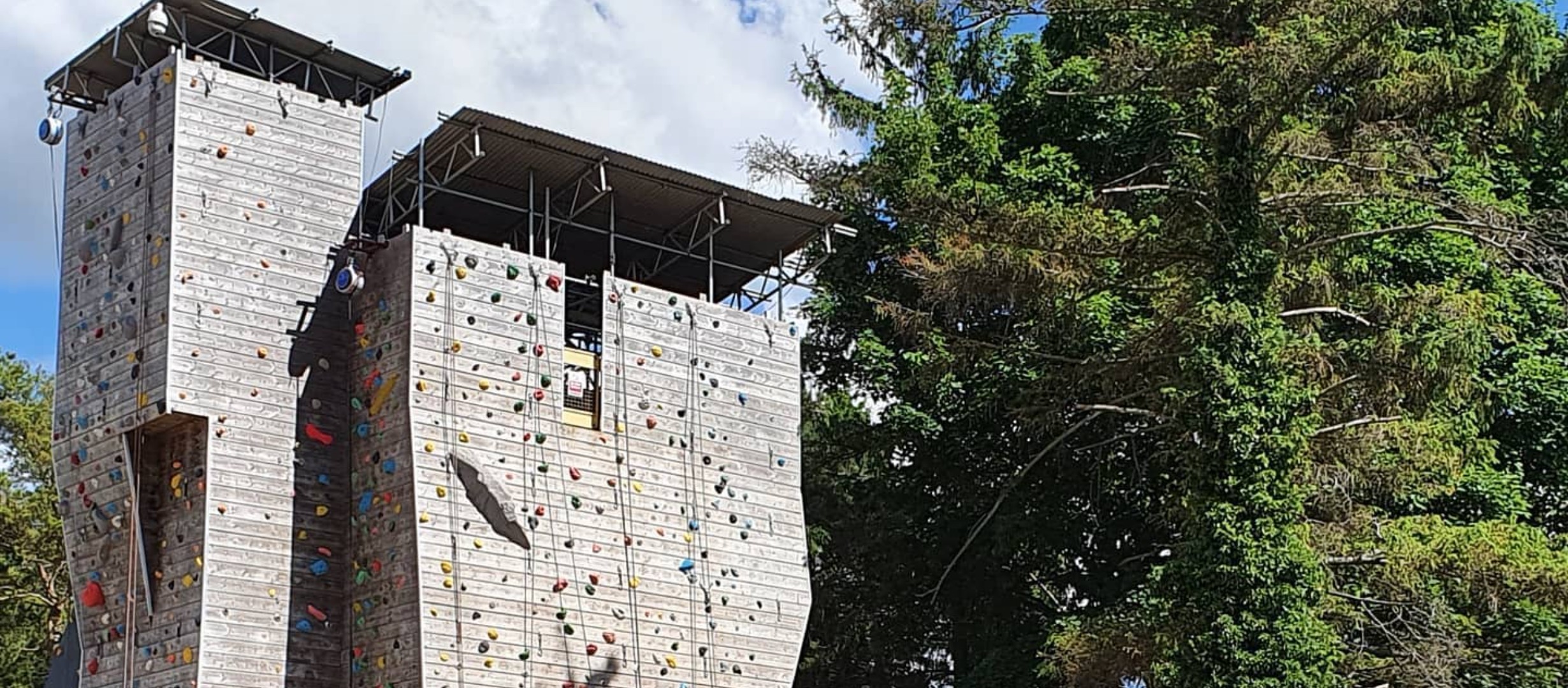 two climbing walls outside by trees