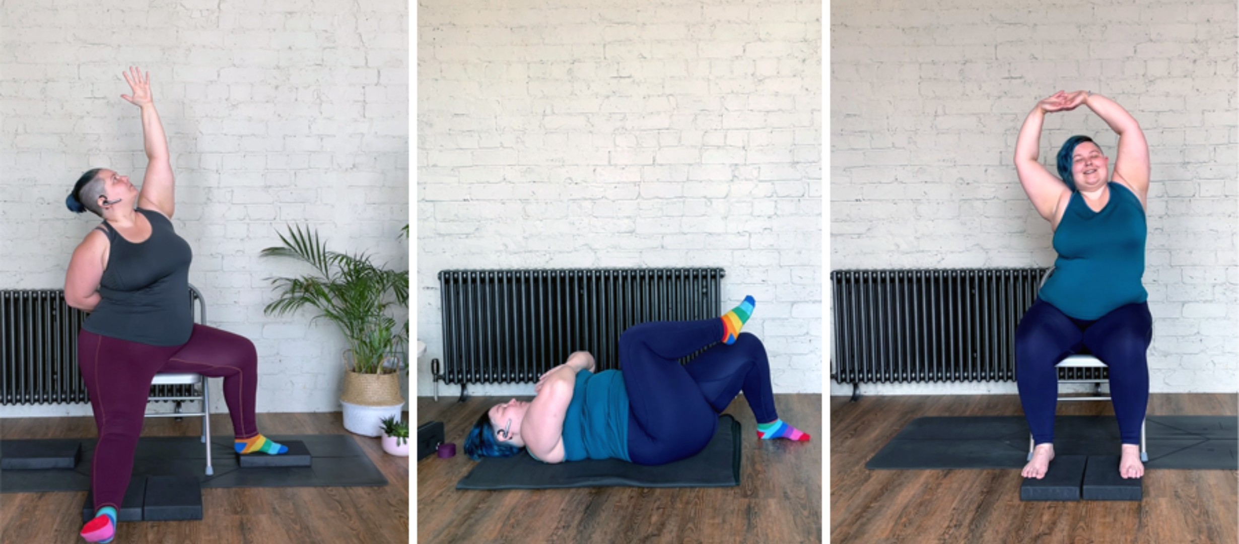 Three photos of Sarah holding yoga poses, two are seated in a chair, one is lying on the floor.
