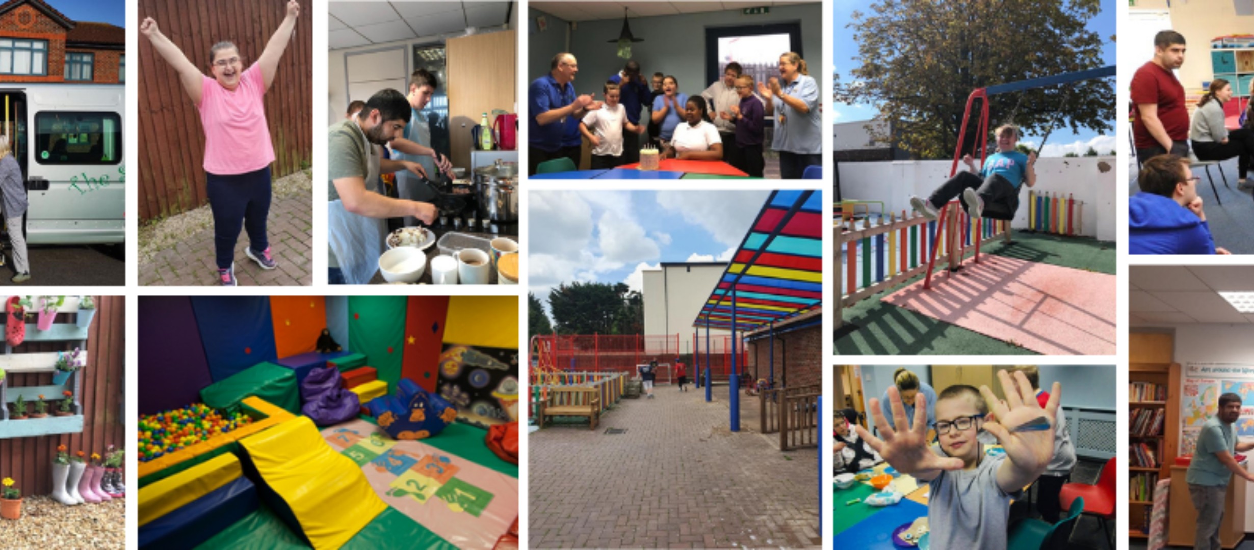 A collage with images of life at the spring centre. People cooking, the soft play area with ball pit, the outdoor playground with swing and trampoline, a boy holding up his painted hands, a woman in pink shirt cheering