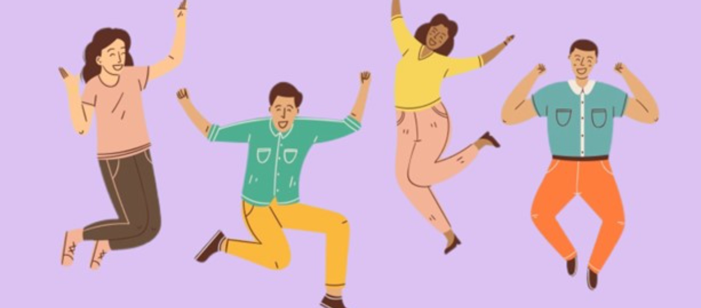 Four young people jumping up and down with happy, joyful expressions