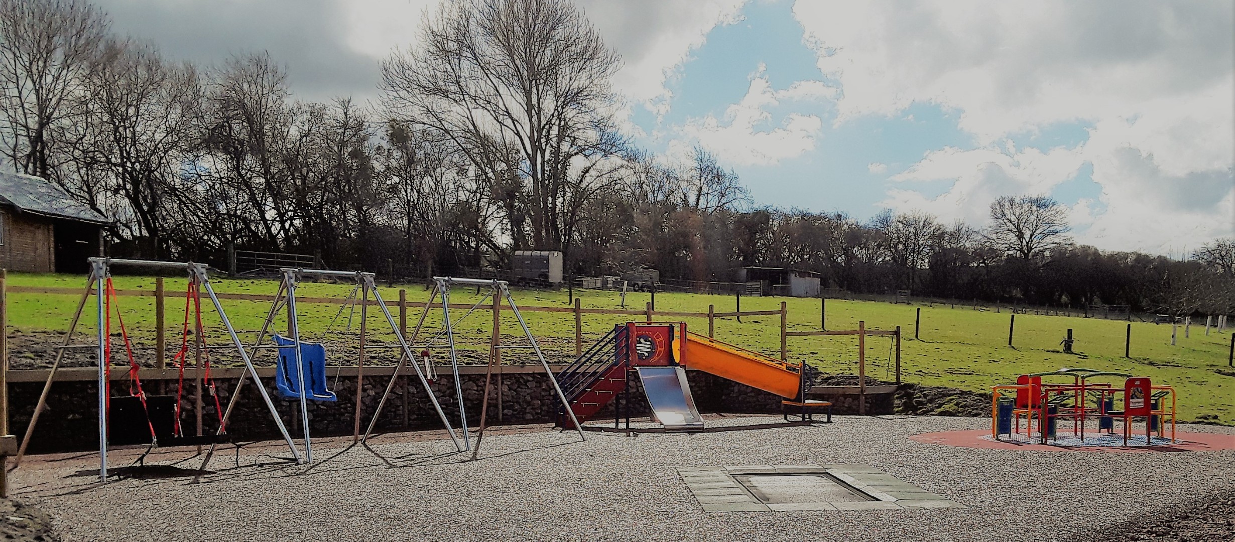 image shows an activity park with a wheelchair swing, a support seat swing and a standard swing, a small climbing unit with a slide, a floor trampoline and a roundabout. There is green grass and trees behind the park area