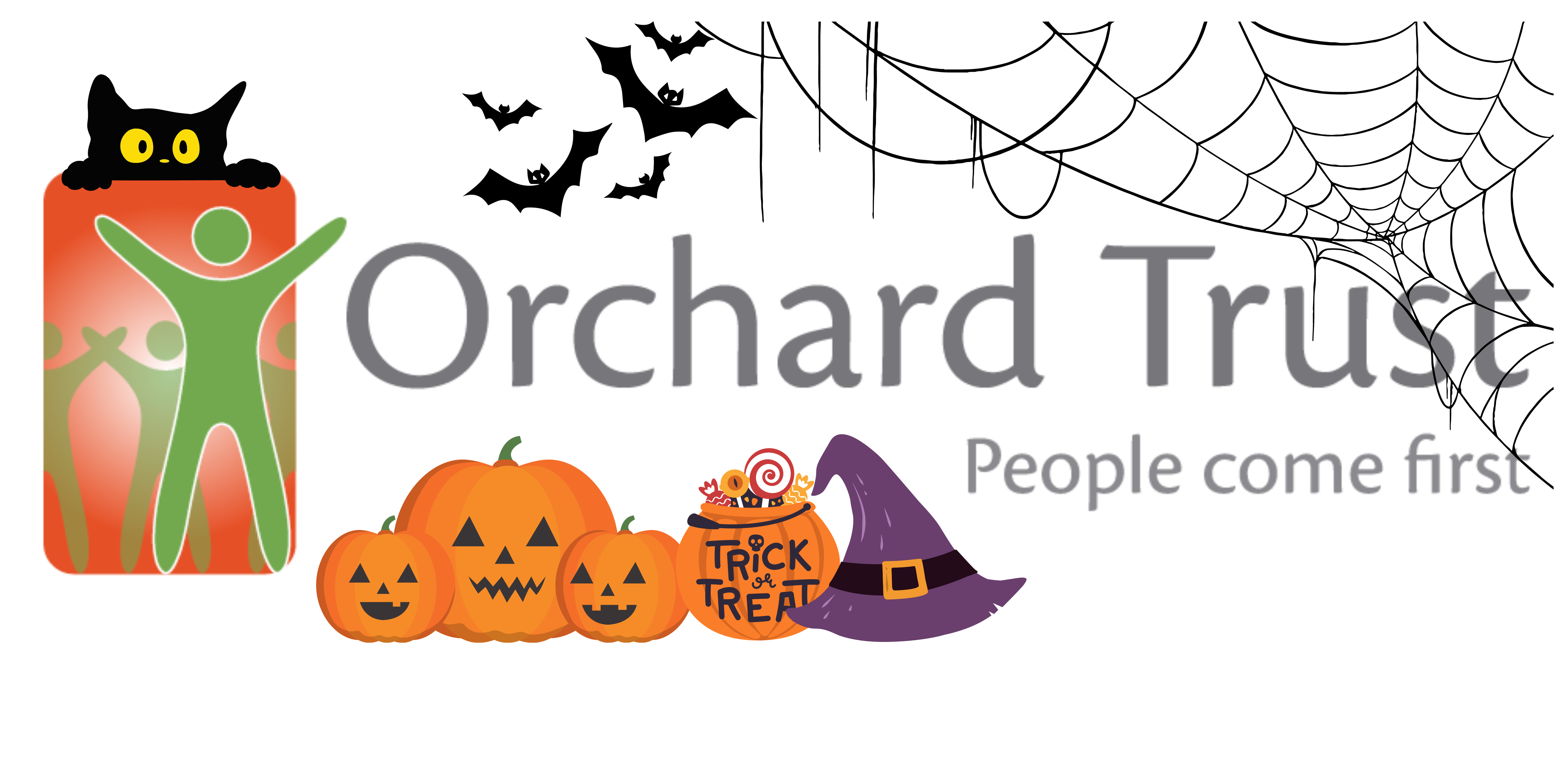 orchard trust logo with cobwebs, a black cat, pumpkins and a purple witches hat
