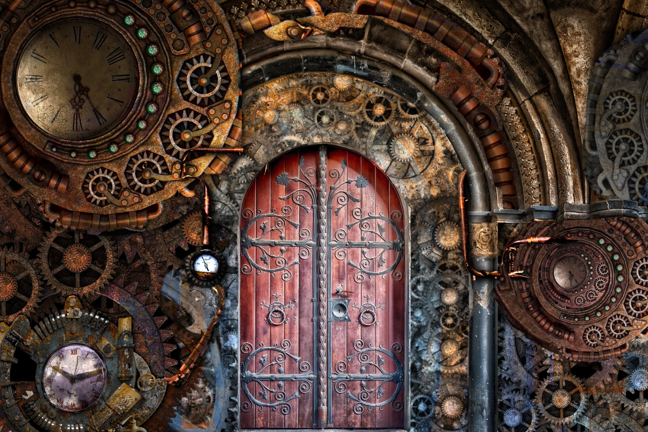 A fantastical steampunk scene. There is a brown door in the centre and lots of clockwork details with brass and rivets