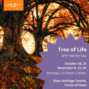 Poster for tree of life course. The course details are in the purple star. The background photograph is of beautiful large trees during the autumn with ornage and gold leaves. Warm golden sunlight floods in from the background 