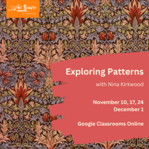 Poster for the exploring patterns course. The course information is in the red paint splash. The background is a beautiful patterned wallpaper designs with organic shapes in reds, greens and blues