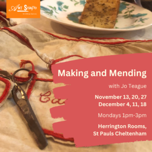 Poster for Making and Mending course. The course information is displayed in the red splash. The background photo is of a handmade bag with old rusty scissors and a slice of fruit cake on plate 
