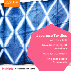 Poster for Japanese Textiles course. The background photo is of a beautiful piece of dyed japanese fabric using a technique called Shibori. Course information is in the pink shape