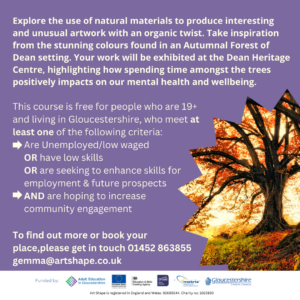 Poster for tree of life course. The course details are in the purple background. The photograph on the right is of beautiful large trees during the autumn with ornage and gold leaves. Warm golden sunlight floods in from the background 