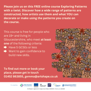 Poster for the exploring patterns course. The course information is in the red background. The photo on the right is a beautiful patterned wallpaper designs with organic shapes in reds, greens and blues