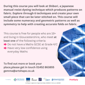 Poster for Japanese Textiles course. The photo on the right is of a beautiful piece of dyed japanese fabric using a technique called Shibori. Course information is in the pink square