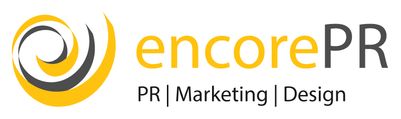 A yellow and grey double swirl, assisted by the words Encore PR, PR, Marketing and Design