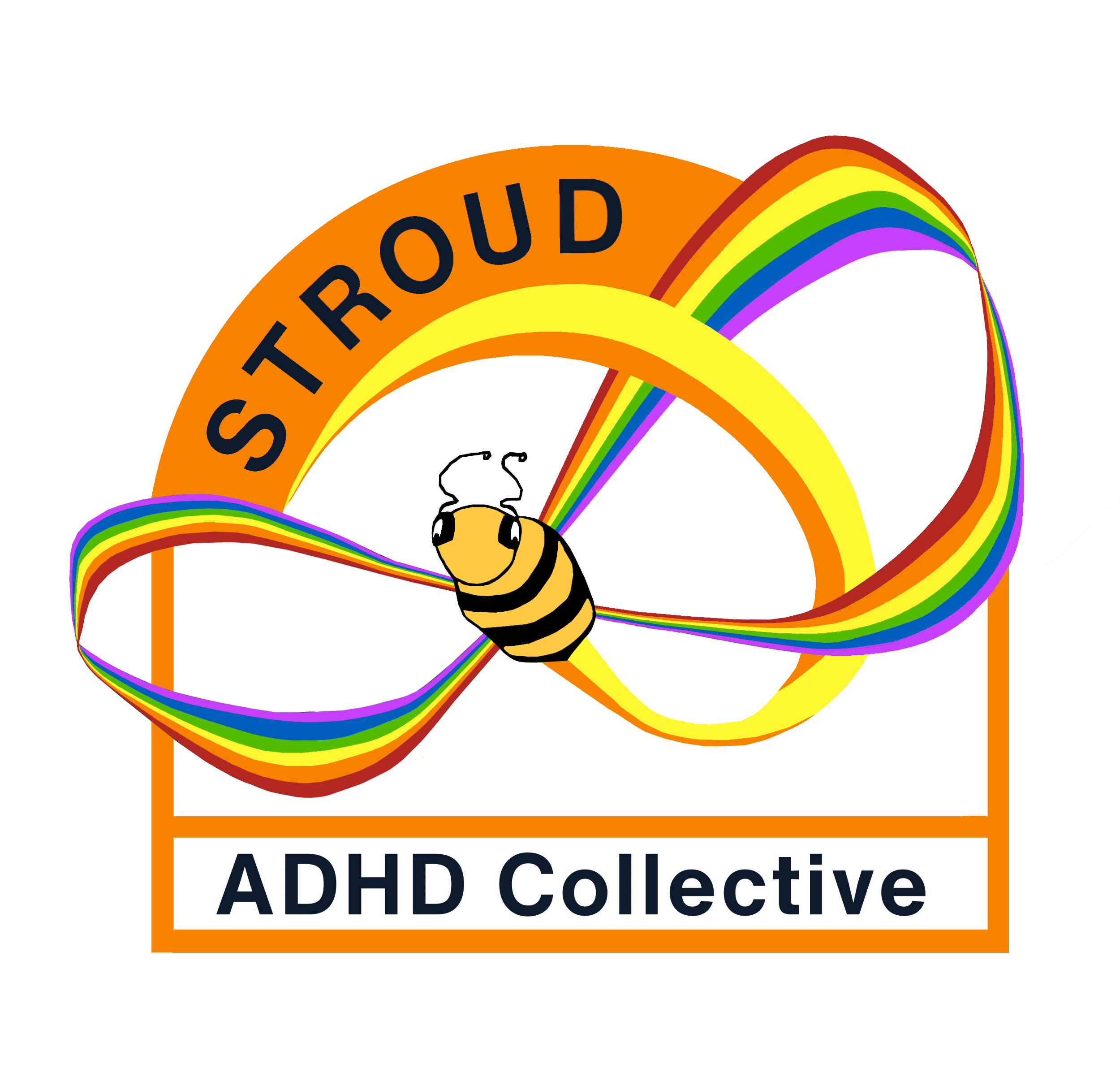 Orange Logo in a shape of a arched hive with the words Stroud ADHD Collective. In the centre is a bee with rainbow wings in an infinity symbol shape - the sign for ADHD/neurodivergence.