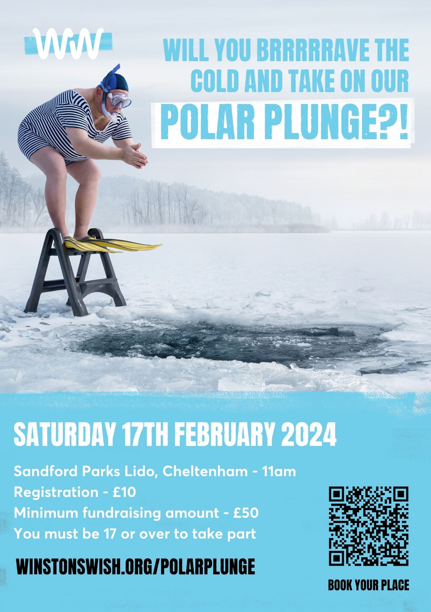 A flyer-type image designed to highlight the Winston's Wish Polar Plunge charity fundraiser event held on the 17th of February 2024 at Sandford Parks Lido Cheltenham.