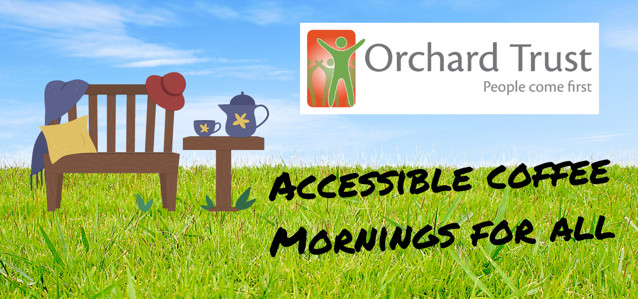 graphic showing Orchard Trust logo and a bench with side table and coffee pot. text reads 